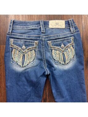 Miss Me Mid-Rise Boot Jeans Pastel Angel Wings Distressed Medium Wash Size 25